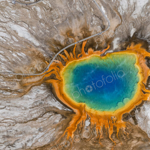 Aerial view of Grand Prismatic Spring, Midway Geyser Basin, Yellowstone National Park,… Aerial view of Grand Prismatic Spring, Midway Geyser Basin, Yellowstone National Park,…