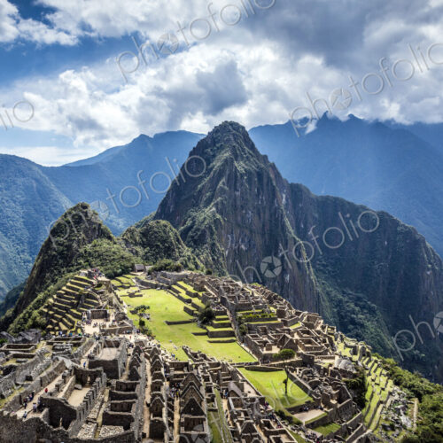 Aerial view of Macchu Picchu ruins in remote landscape, Cusco, Peru Aerial view of Macchu Picchu ruins in remote landscape, Cusco, Peru