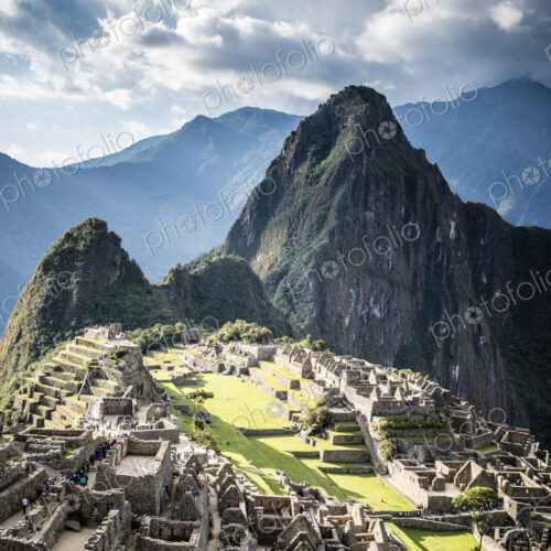 Aerial view of Macchu Picchu ruins in remote landscape, Cusco, Peru Aerial view of Macchu Picchu ruins in remote landscape, Cusco, Peru