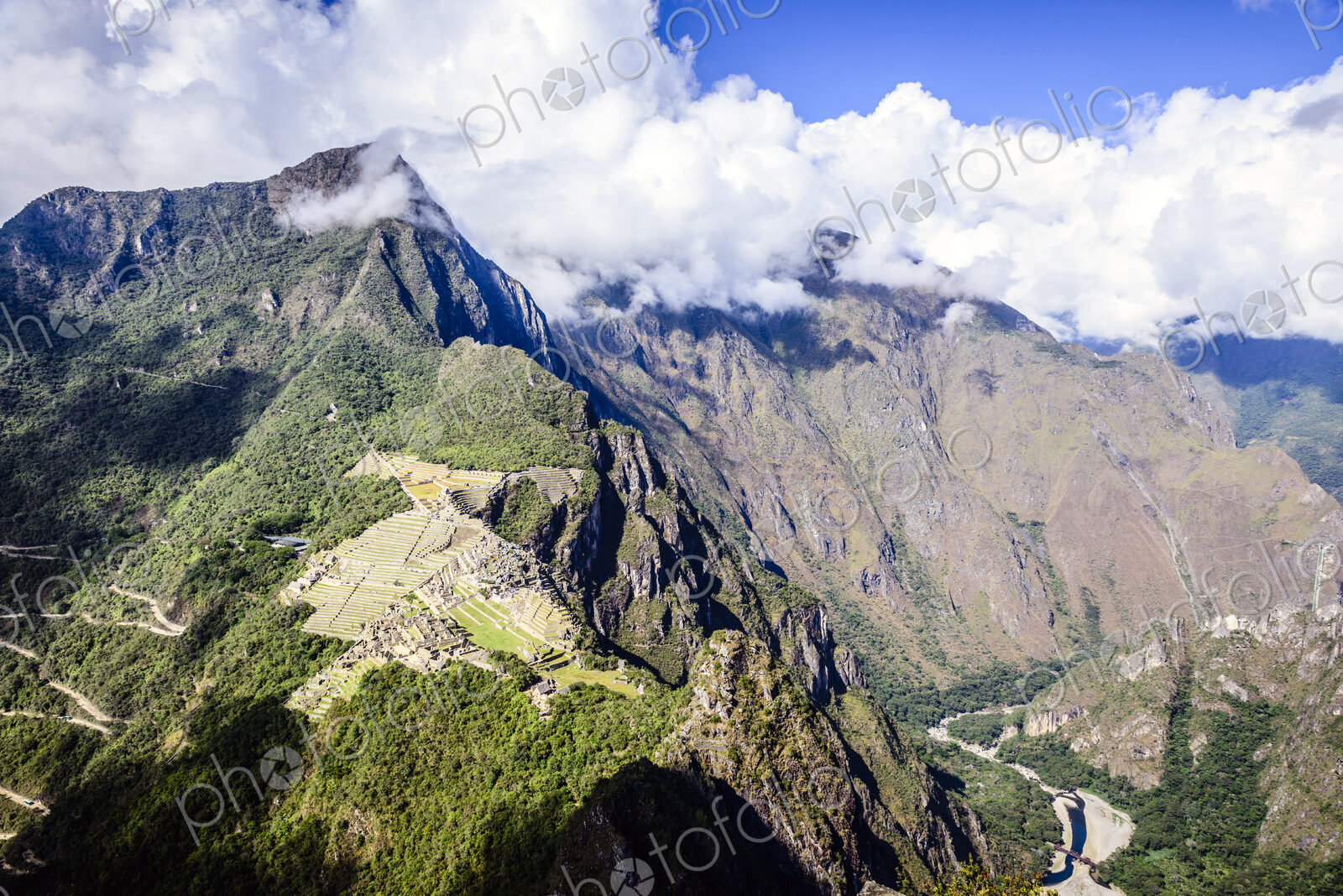 Aerial view of Macchu Picchu ruins in remote landscape, Cusco, Peru