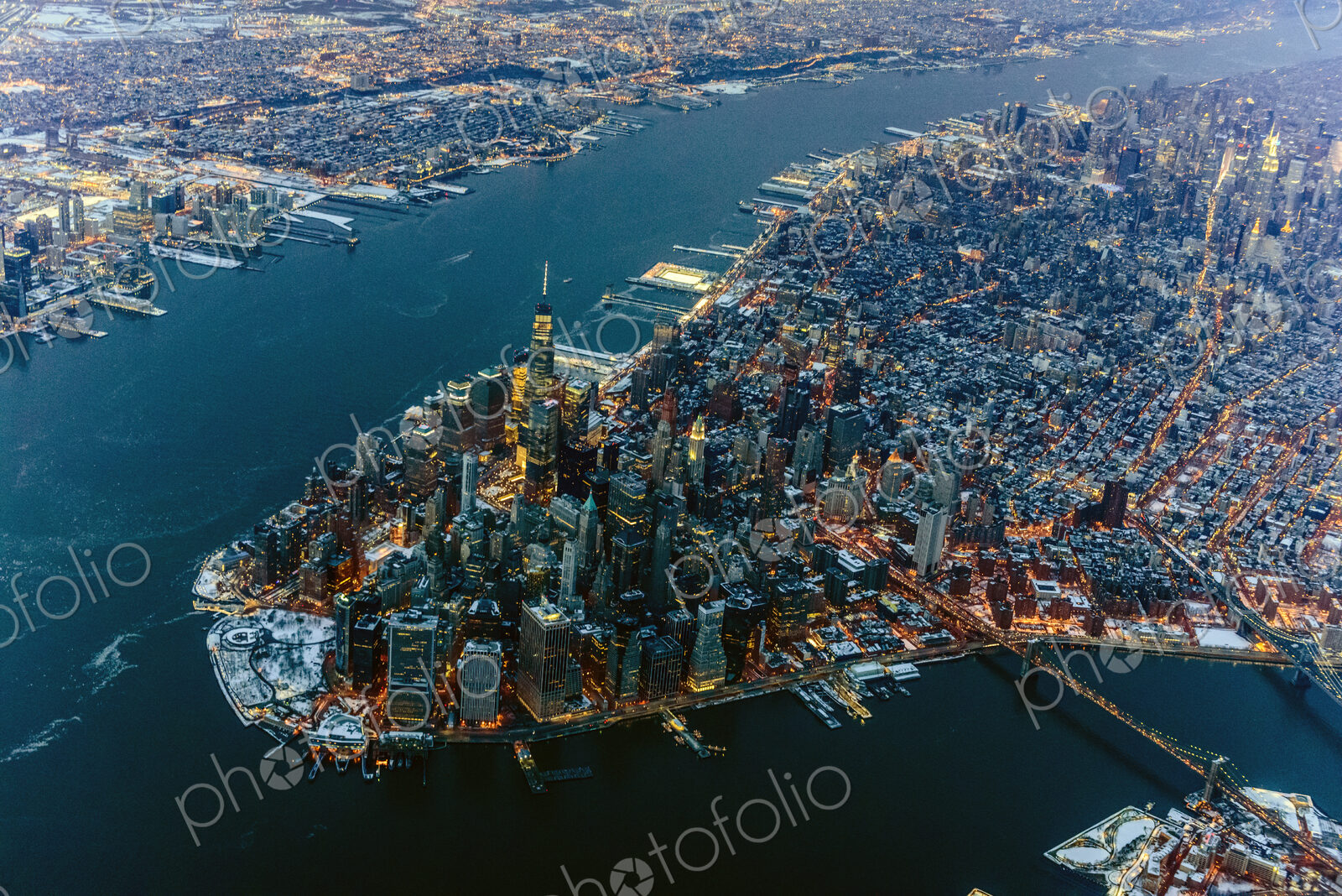 Aerial view of Manhattan cityscape and river, New York, United States