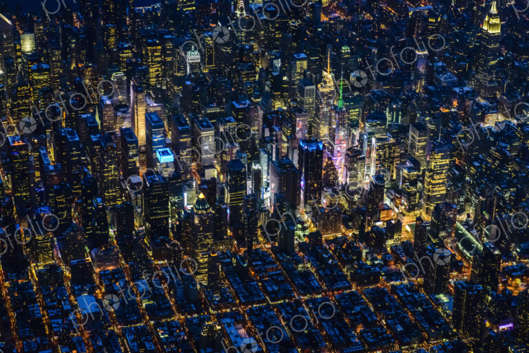 Aerial view of Manhattan cityscape at night, New York, United States