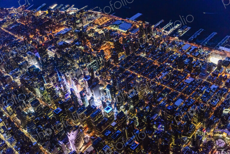 Aerial view of Manhattan cityscape at night, New York, United States