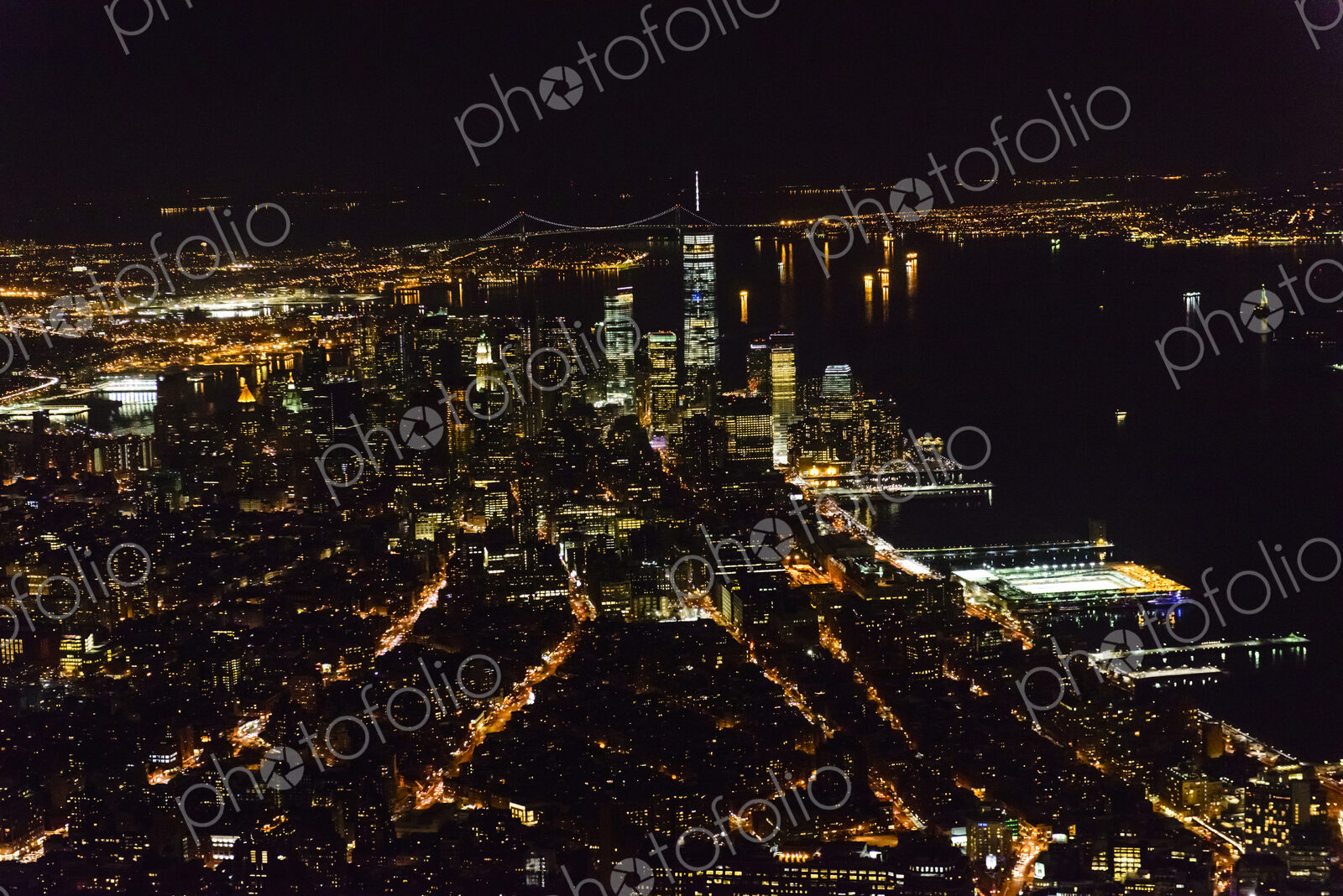 Aerial view of Manhattan cityscape at night, New York, United States