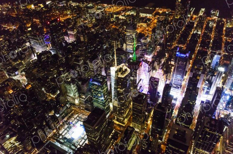 Aerial view of Manhattan cityscape at night, New York, United States