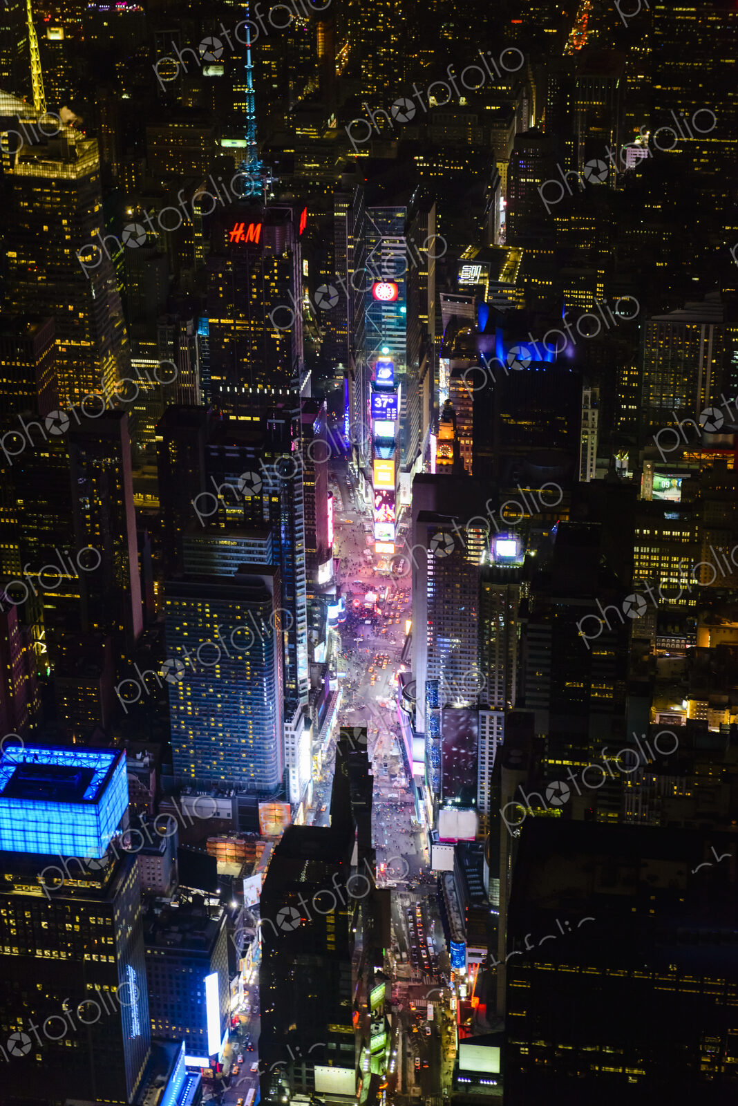 Aerial view of Manhattan cityscape at night, New York, United States