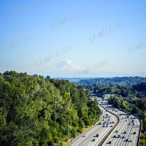 Aerial view of Mount Rainier and freeway, Seattle, Washington, United States Aerial view of Mount Rainier and freeway, Seattle, Washington, United States
