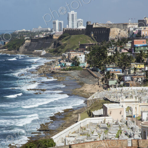Aerial view of Old San Juan cityscape and beach, Puerto Rico, United States Aerial view of Old San Juan cityscape and beach, Puerto Rico, United States