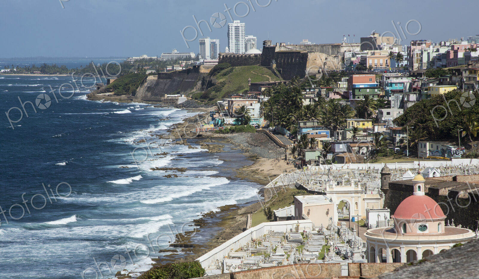Aerial view of Old San Juan cityscape and beach, Puerto Rico, United States