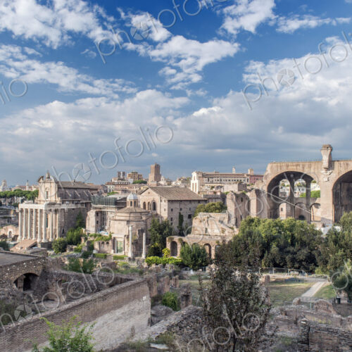Aerial view of Roman Forum in cityscape, Rome, Italy