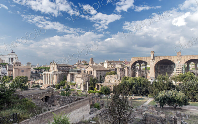 Aerial view of Roman Forum in cityscape, Rome, Italy
