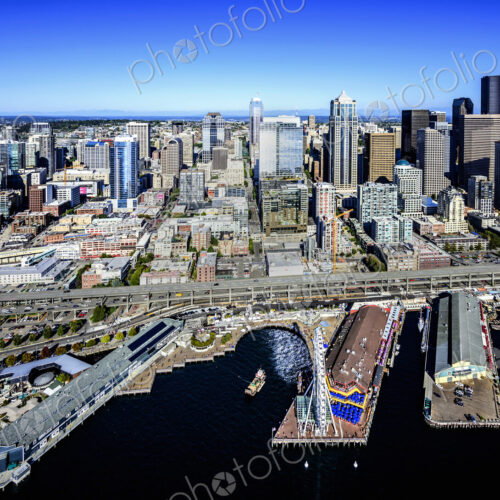 Aerial view of Seattle waterfront and cityscape, Washington, United States Aerial view of Seattle waterfront and cityscape, Washington, United States