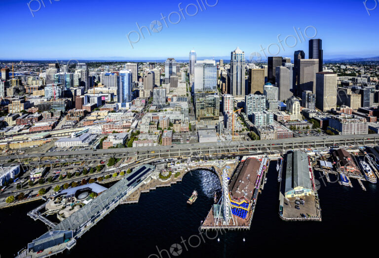 Aerial view of Seattle waterfront and cityscape, Washington, United States