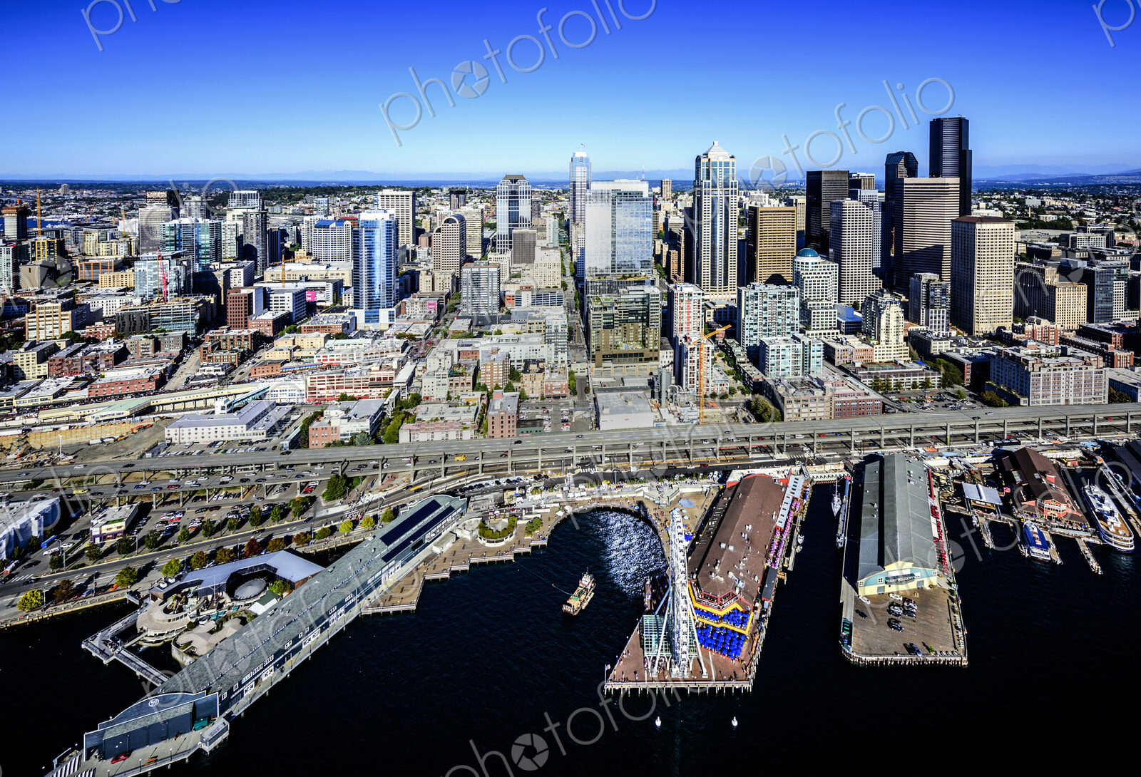 Aerial view of Seattle waterfront and cityscape, Washington, United States