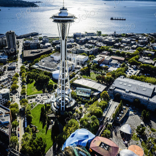 Aerial view of Space Needle in Seattle cityscape, Washington, United States Aerial view of Space Needle in Seattle cityscape, Washington, United States