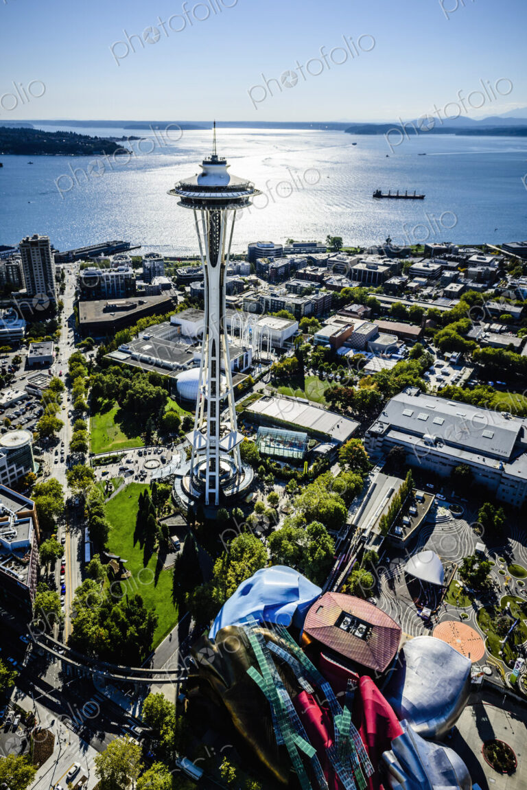 Aerial view of Space Needle in Seattle cityscape, Washington, United States