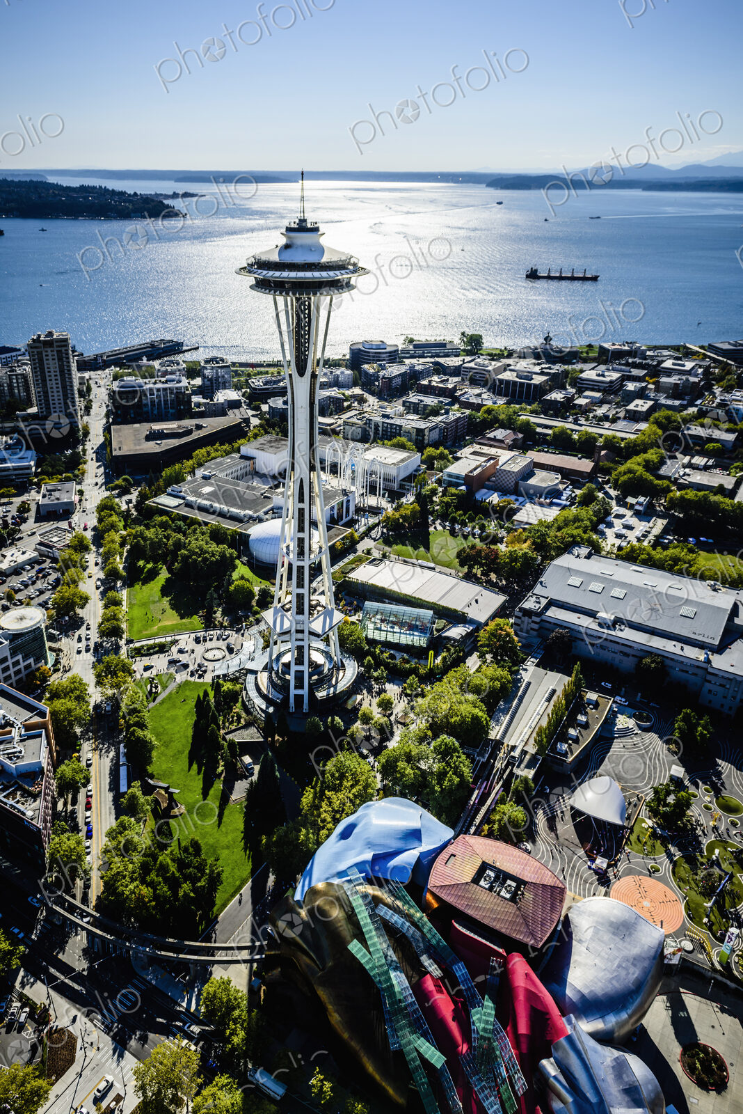 Aerial view of Space Needle in Seattle cityscape, Washington, United States