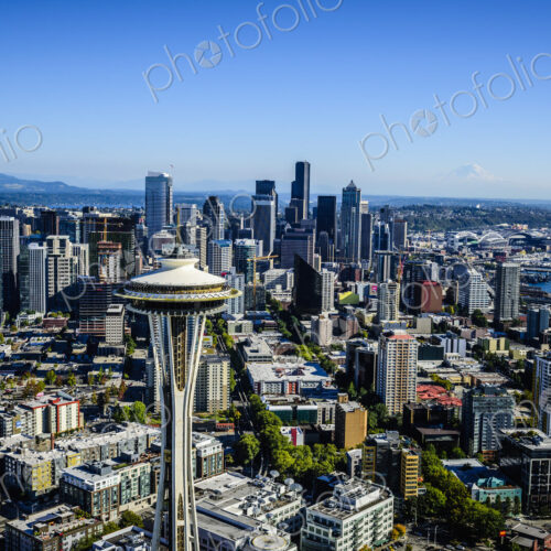 Aerial view of Space Needle in Seattle cityscape, Washington, United States Aerial view of Space Needle in Seattle cityscape, Washington, United States