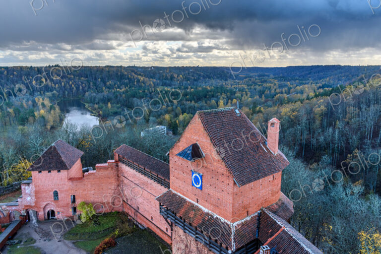 Aerial view of Turaida Castle, a reconstructed medieval castle outside Riga.