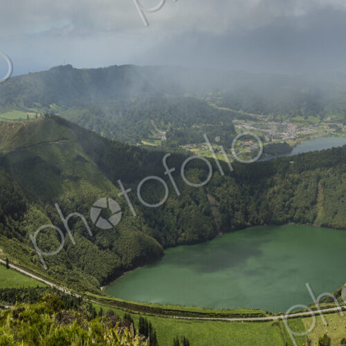 Aerial view of Twin Crater Lakes in rural landscape, Sao Miguel, Portugal
