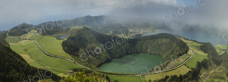 Aerial view of Twin Crater Lakes in rural landscape, Sao Miguel, Portugal