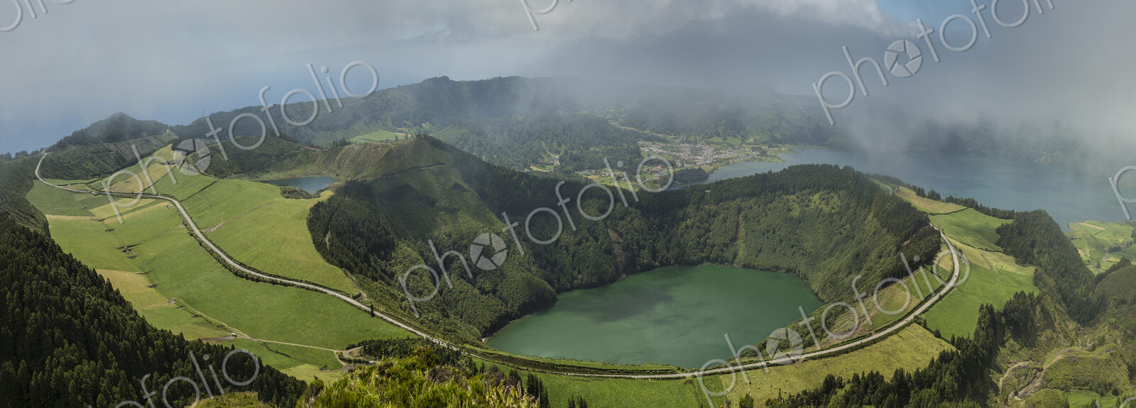 Aerial view of Twin Crater Lakes in rural landscape, Sao Miguel, Portugal