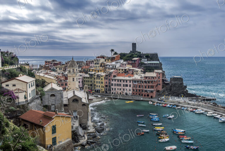 Aerial view of Vernazza cityscape and ocean, La Spezia, Italy
