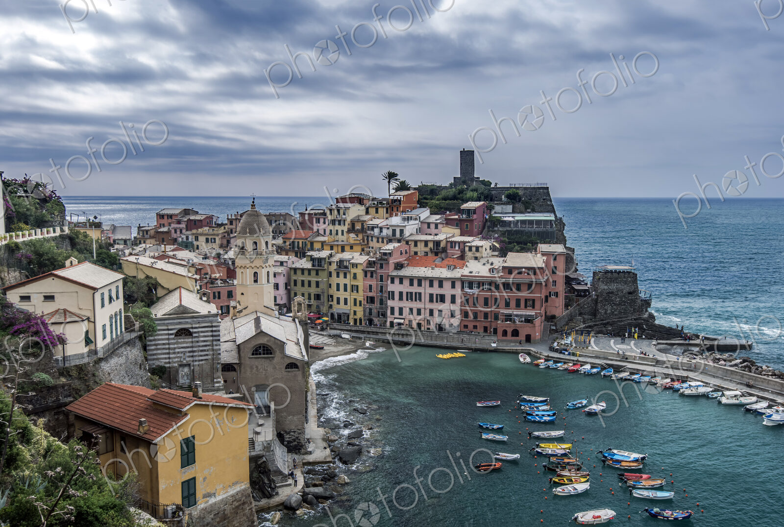 Aerial view of Vernazza cityscape and ocean, La Spezia, Italy
