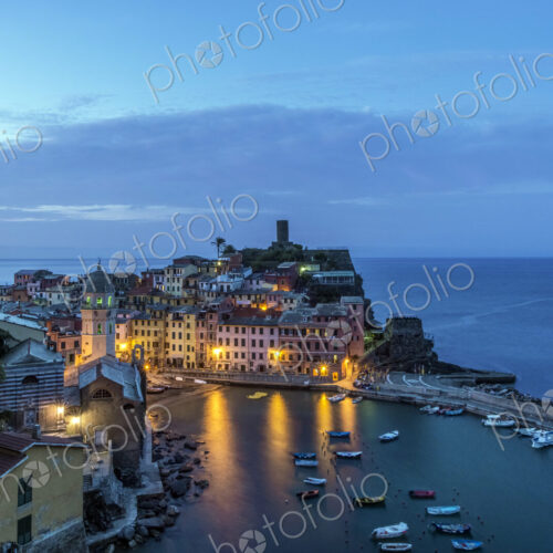 Aerial view of Vernazza cityscape and ocean, La Spezia, Italy
