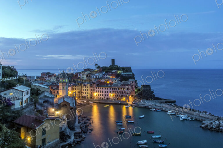 Aerial view of Vernazza cityscape and ocean, La Spezia, Italy