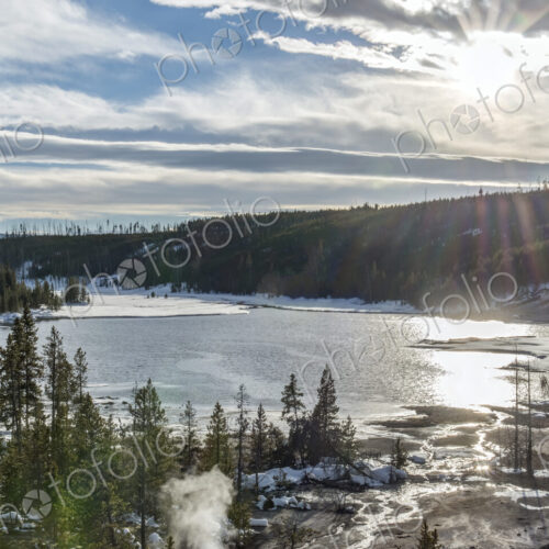 Aerial view of Yellowstone hot spring in winter, Wyoming, United States