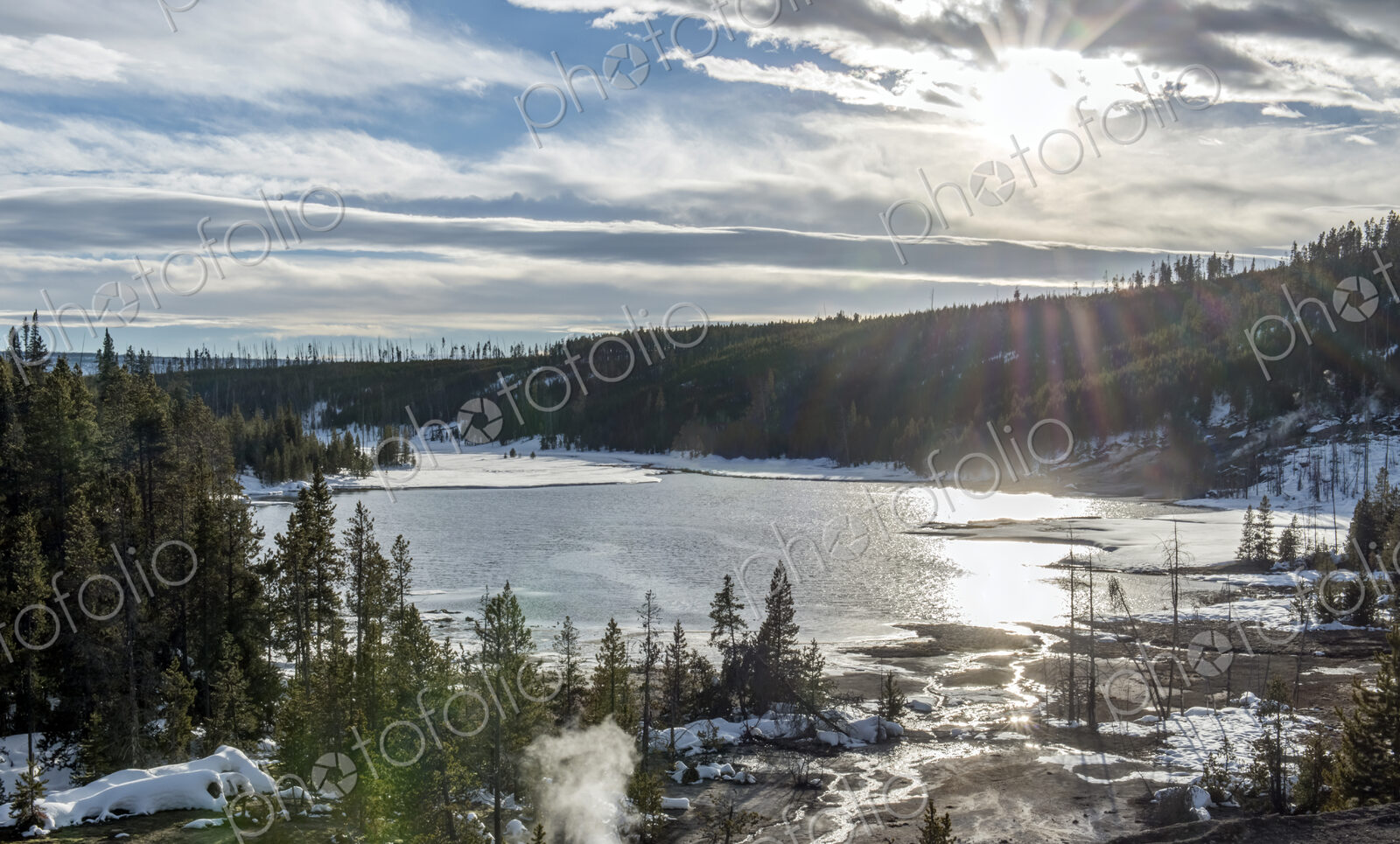 Aerial view of Yellowstone hot spring in winter, Wyoming, United States