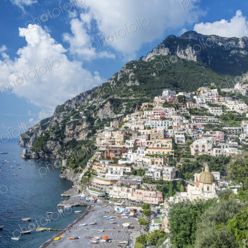 Aerial view of beach and Positano cityscape, Salerno, Italy