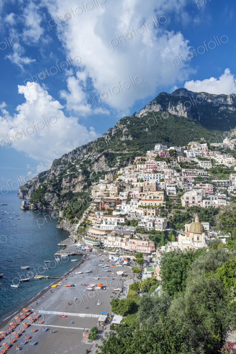 Aerial view of beach and Positano cityscape, Salerno, Italy