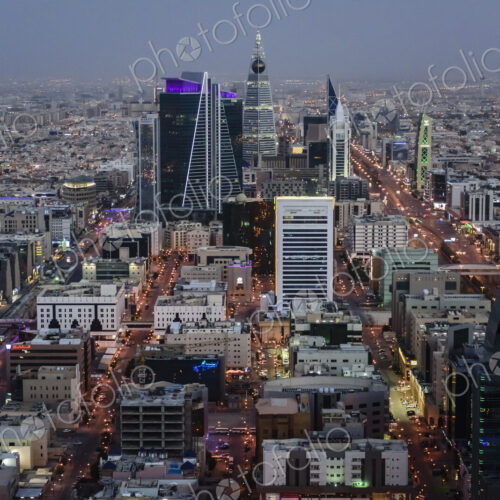 Aerial view of cityscape at night, Riyadh, Saudi Arabia