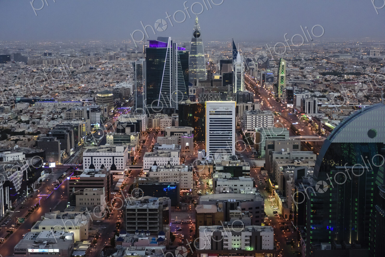 Aerial view of cityscape at night, Riyadh, Saudi Arabia