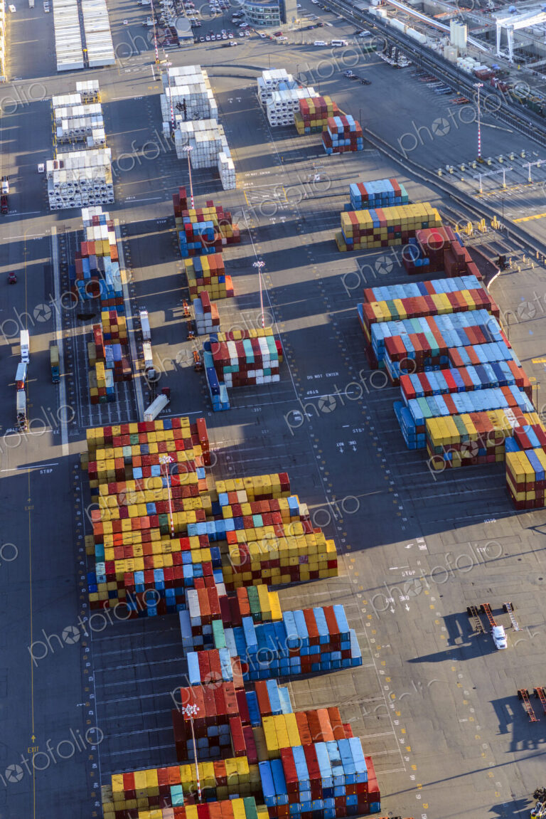 Aerial view of containers in shipping yard