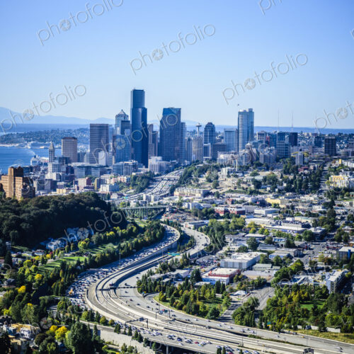 Aerial view of highway and Seattle cityscape, Washington, United States