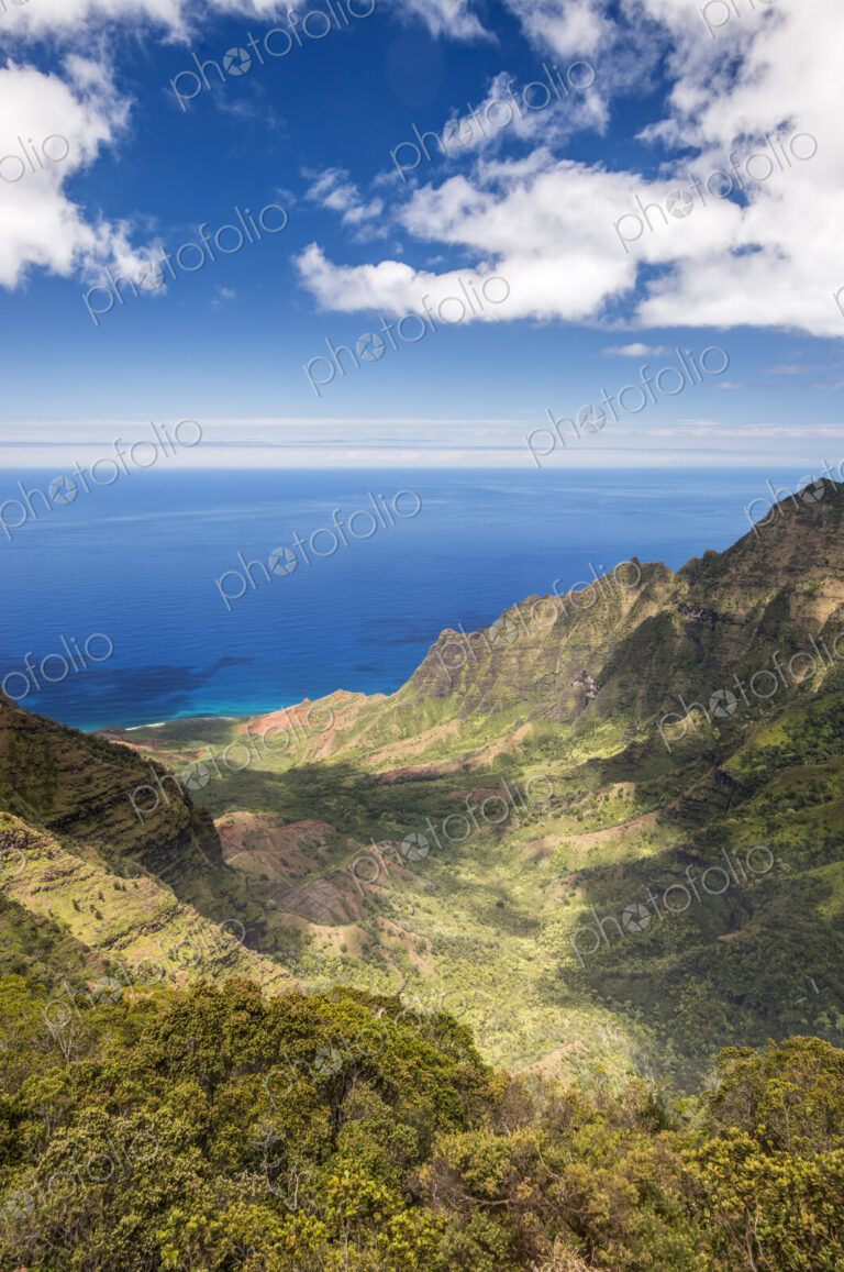 Aerial view of mountains and coastline, Hawaii, United States