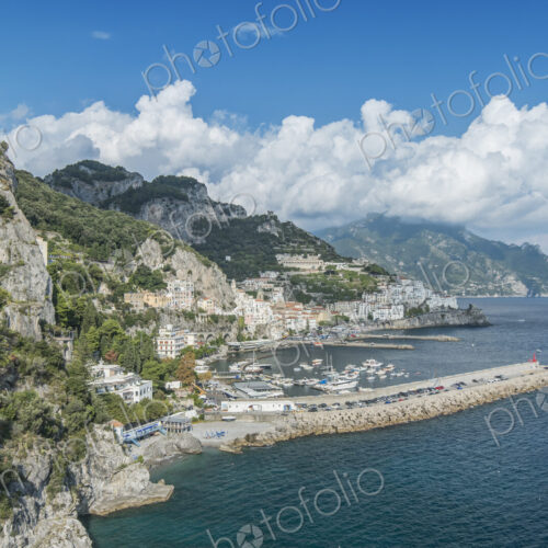 Aerial view of rocky Amalfi coastline, Salerno, Italy