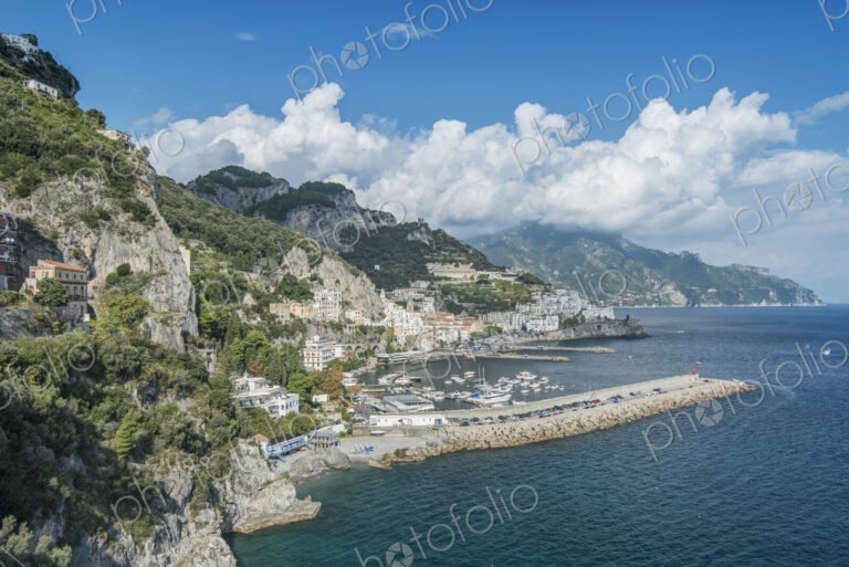 Aerial view of rocky Amalfi coastline, Salerno, Italy