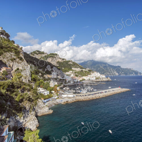 Aerial view of rocky Amalfi coastline, Salerno, Italy