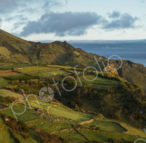 Aerial view of rural fields in coastal landscape