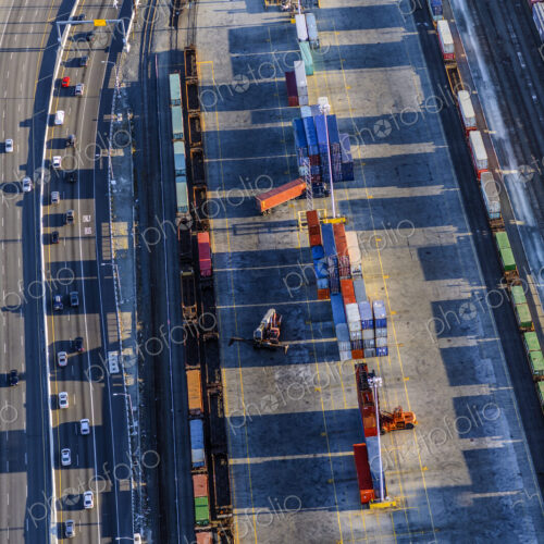 Aerial view of shipping yard and freeway