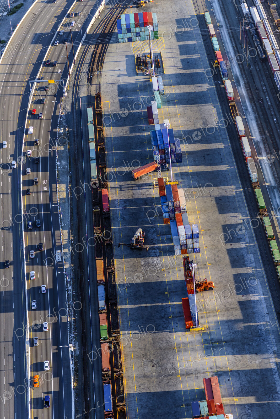Aerial view of shipping yard and freeway