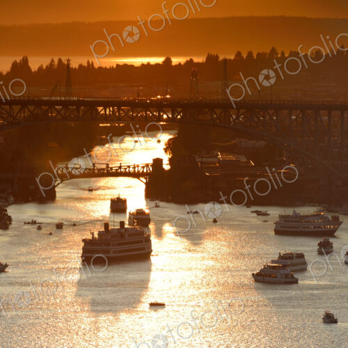 Aerial view of ships on Lake Union at sunset, Seattle, Washington, United States Aerial view of ships on Lake Union at sunset, Seattle, Washington, United States