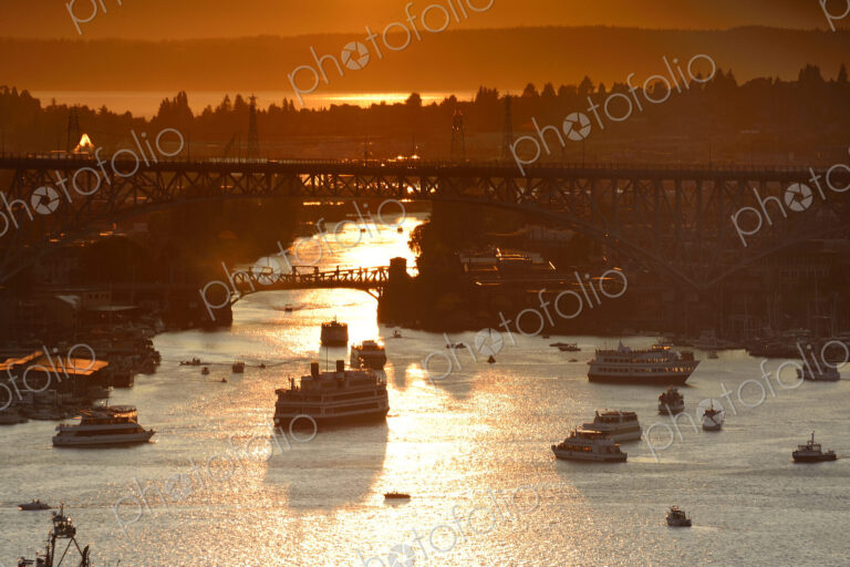 Aerial view of ships on Lake Union at sunset, Seattle, Washington, United States