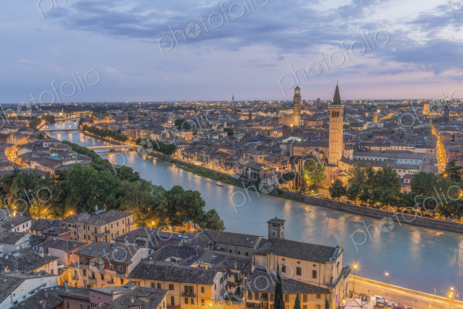 Aerial view of the Verona cityscape at sunset, Italy.