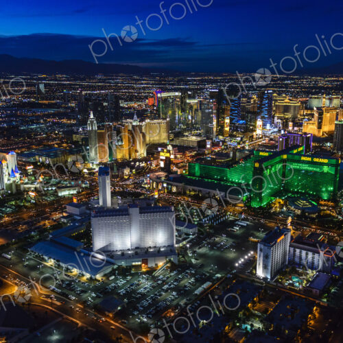 Aerial view of the city of Las Vegas at dusk, city lights and tall buildings of the…