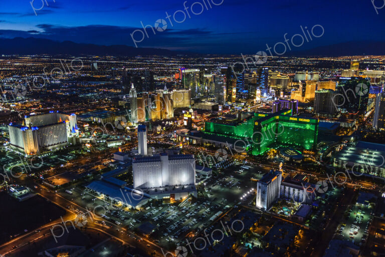 Aerial view of the city of Las Vegas at dusk, city lights and tall buildings of the…